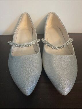 David's Bridal Silver Pointed Mary Jane Flats with Crystal Strap
